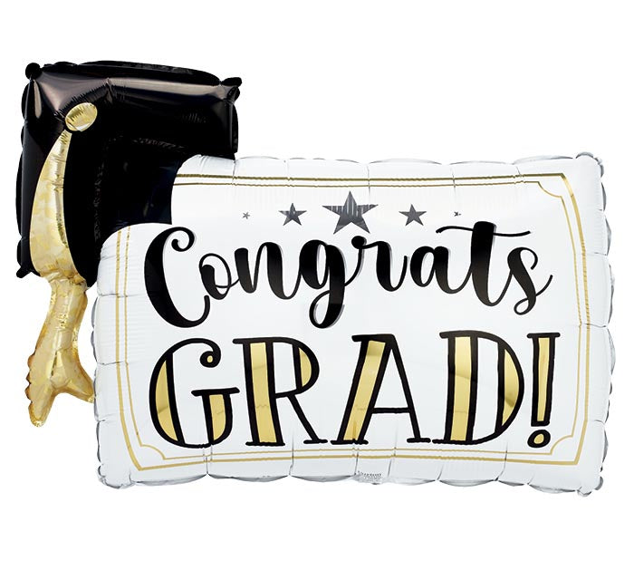 36" Rectangle Congrats Grad w/ Mortarboard Foil Balloon